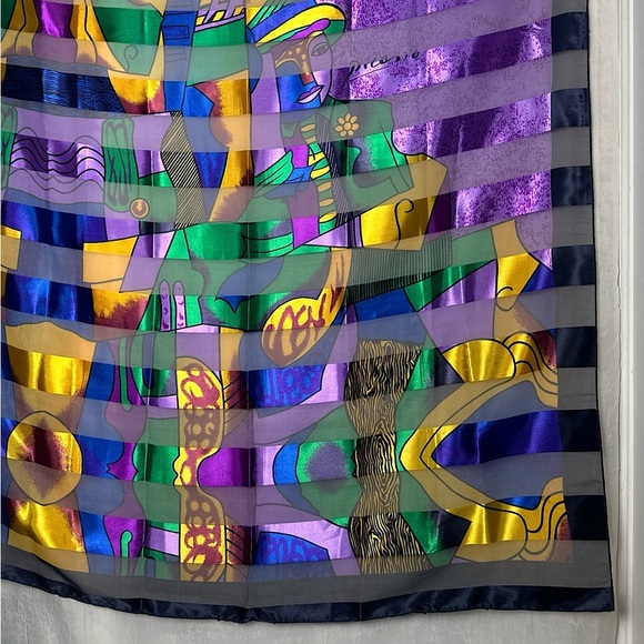 Vintage Picasso Multi Colored Cubist Abstract Artsy Silk Scarf Wrap Tapestry - Picture 8 of 14